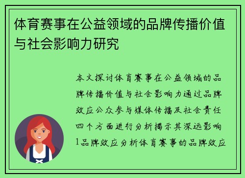 体育赛事在公益领域的品牌传播价值与社会影响力研究